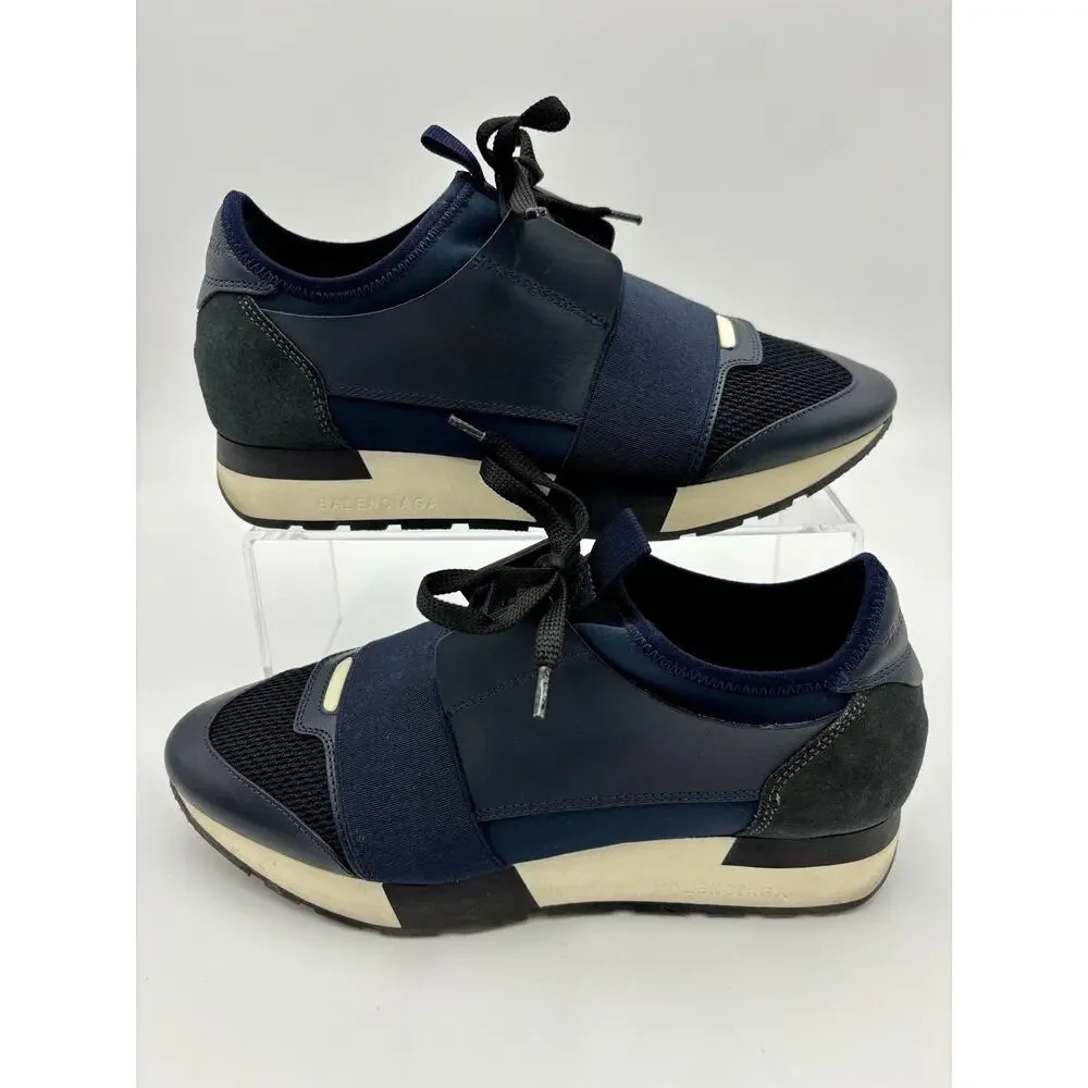 Authentic Balenciaga Race Runner Sneakers Navy Blue Black Elastic Size 8 38